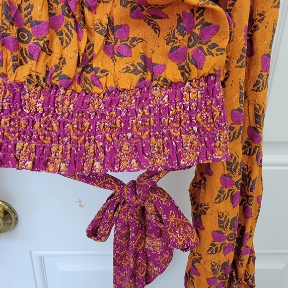 NWOT Rachel Roy Orange Purple Cropped Ruched Waist Tie Long Sleeve Blouse M - Picture 3 of 10